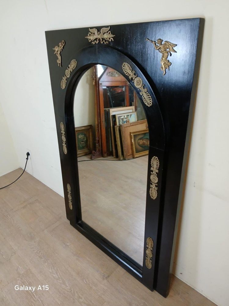 Important Miroir Empire En Bois Laqué Noir Et Bronze Doré époque XIXeme