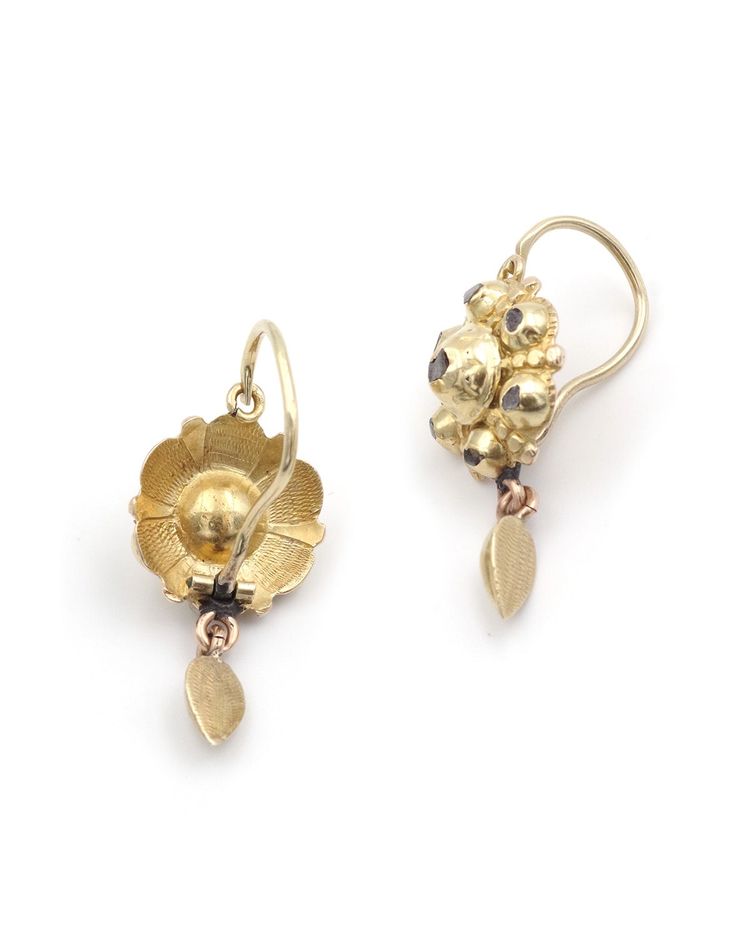 Boucles d'oreille ibériques diamants en or 14 karats, diamants taille rose, bijou espagnol