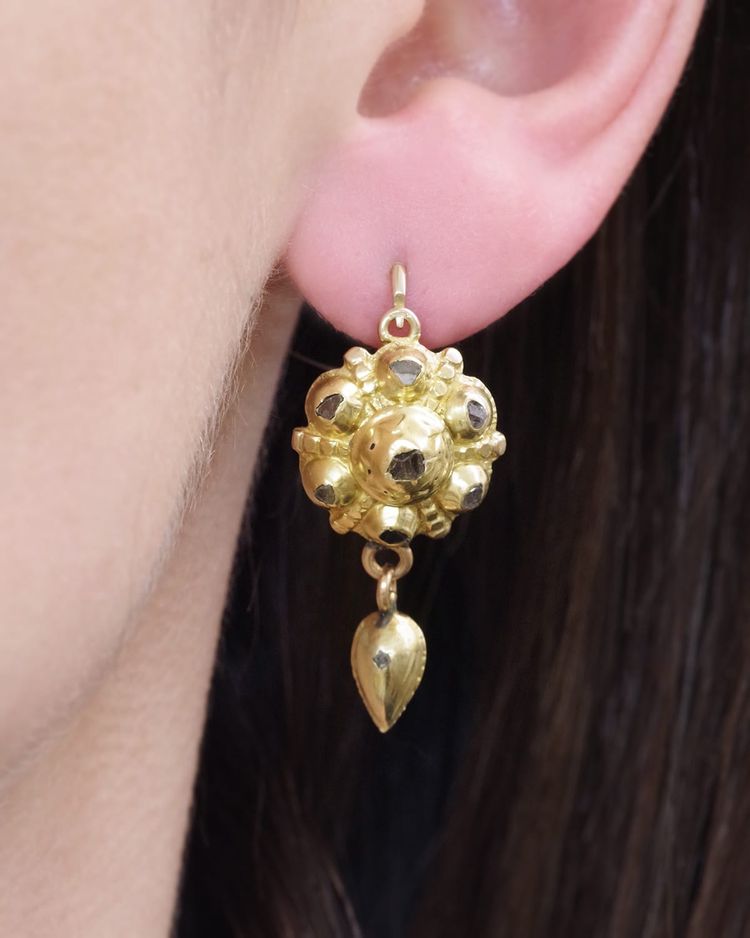 Boucles d'oreille ibériques diamants en or 14 karats, diamants taille rose, bijou espagnol