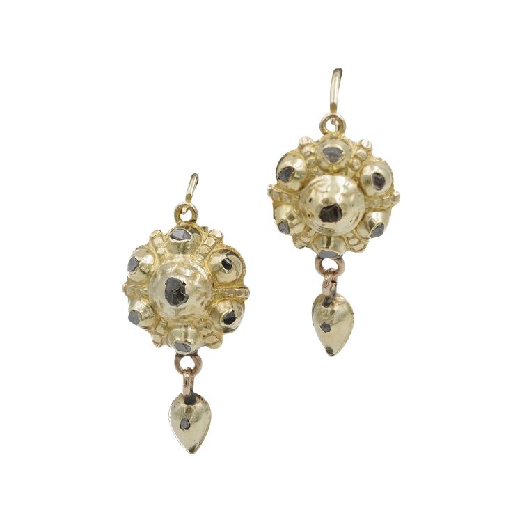 Boucles d'oreille ibériques diamants en or 14 karats, diamants taille rose, bijou espagnol