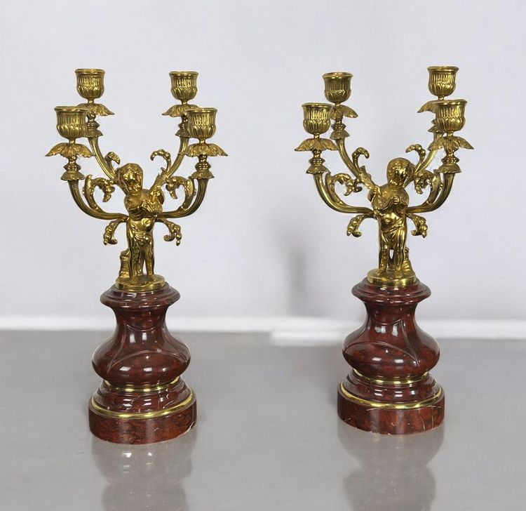 PAIR OF 4-LIGHT GILT BRONZE CANDELABRA ON A GRIOTTE MARBLE BASE