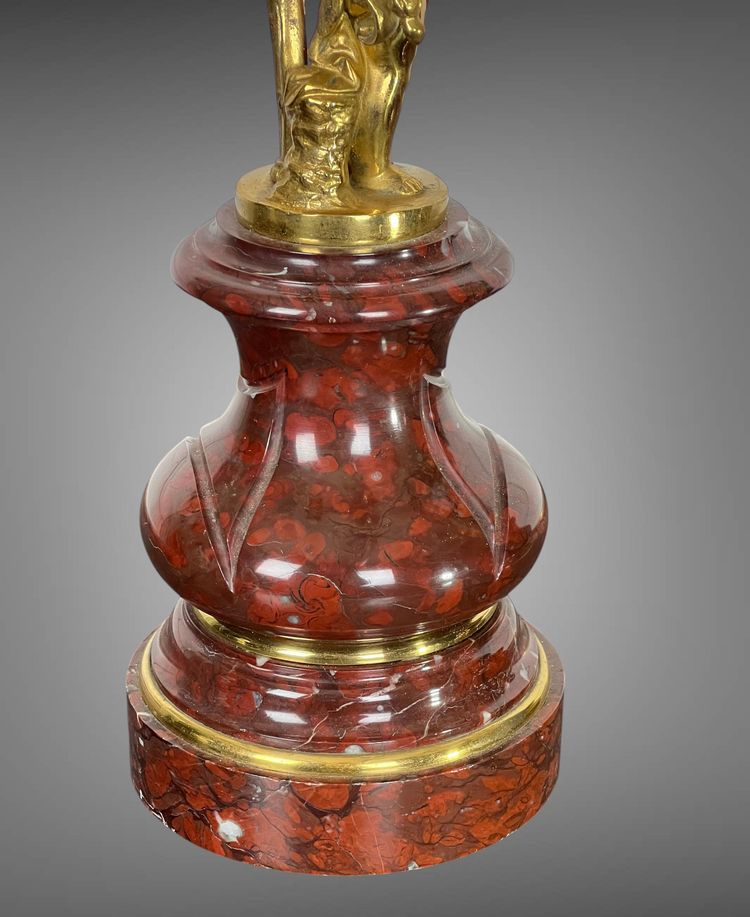 PAIR OF 4-LIGHT GILT BRONZE CANDELABRA ON A GRIOTTE MARBLE BASE