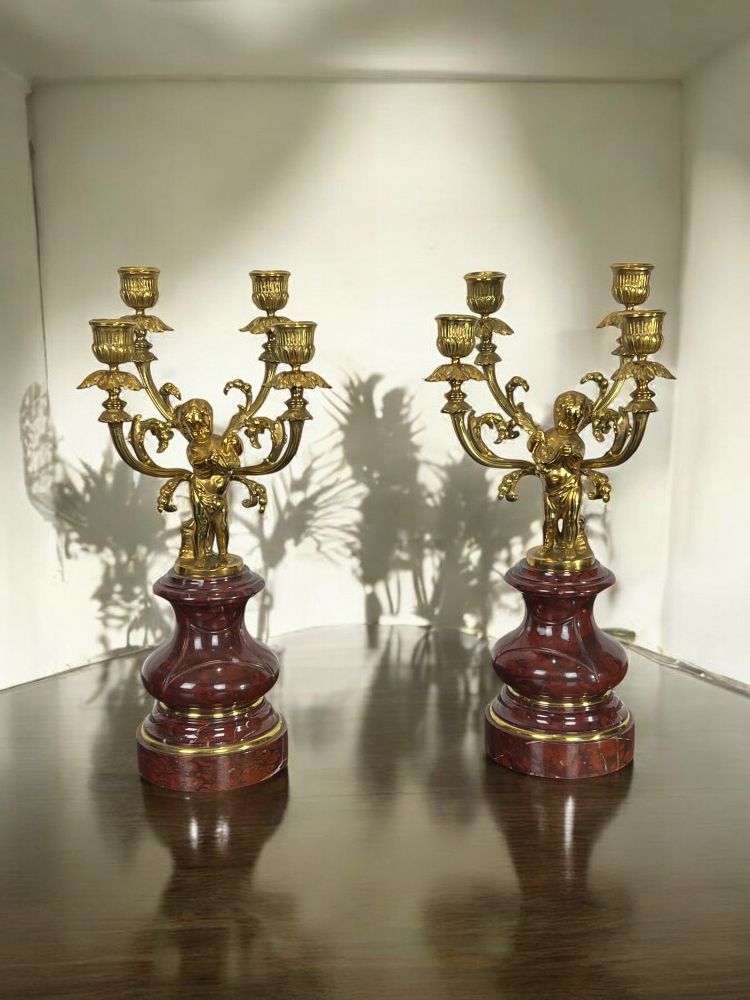 PAIR OF 4-LIGHT GILT BRONZE CANDELABRA ON A GRIOTTE MARBLE BASE