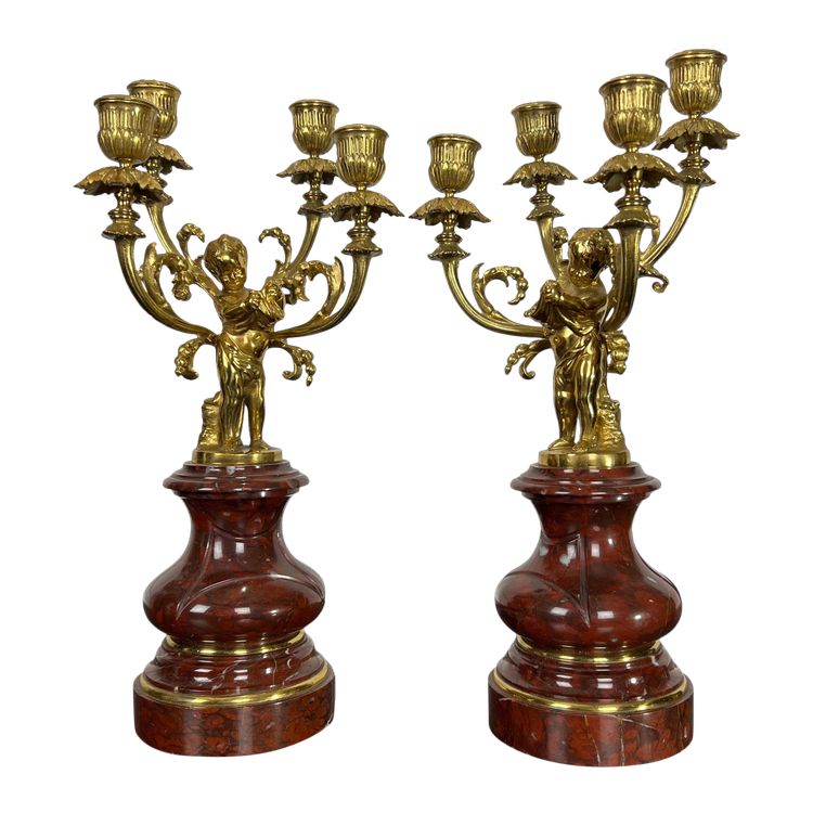 PAIR OF 4-LIGHT GILT BRONZE CANDELABRA ON A GRIOTTE MARBLE BASE