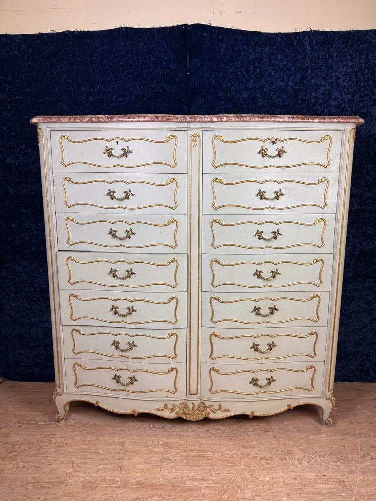 Semainier Arbalète A Double Rang De Tiroirs Style Louis XV En Bois Laqué Et Doré Vers 1900