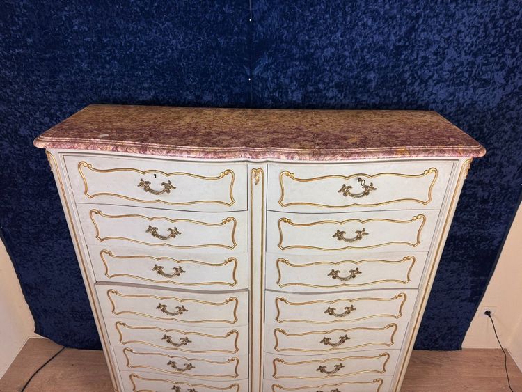 Semainier Arbalète A Double Rang De Tiroirs Style Louis XV En Bois Laqué Et Doré Vers 1900
