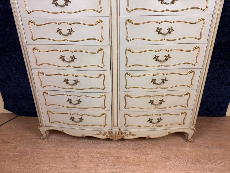 Semainier Arbalète A Double Rang De Tiroirs Style Louis XV En Bois Laqué Et Doré Vers 1900