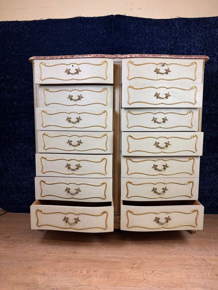 Semainier Arbalète A Double Rang De Tiroirs Style Louis XV En Bois Laqué Et Doré Vers 1900