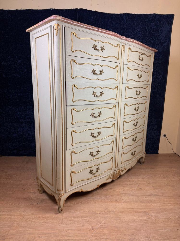 Semainier Arbalète A Double Rang De Tiroirs Style Louis XV En Bois Laqué Et Doré Vers 1900