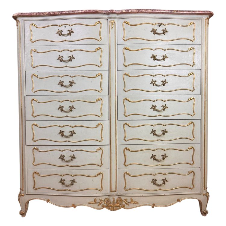 Semainier Arbalète A Double Rang De Tiroirs Style Louis XV En Bois Laqué Et Doré Vers 1900