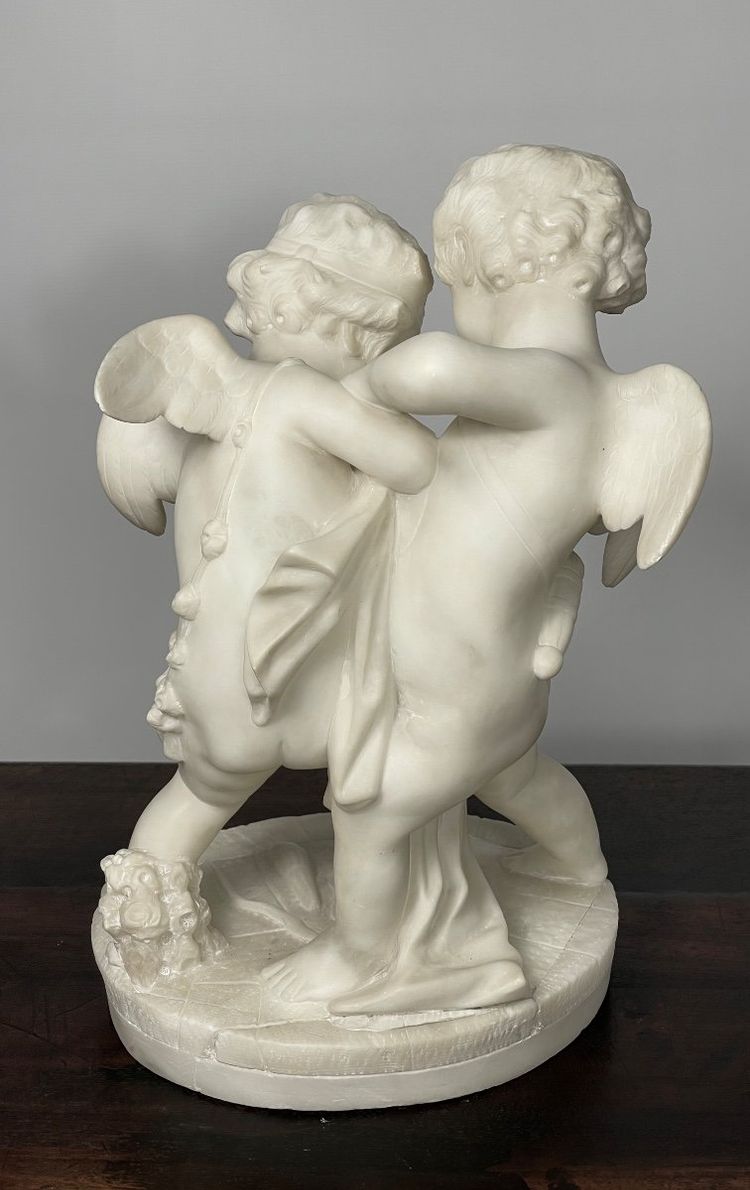 Sculpture En Albâtre De 2 Amours  XIX Siècle