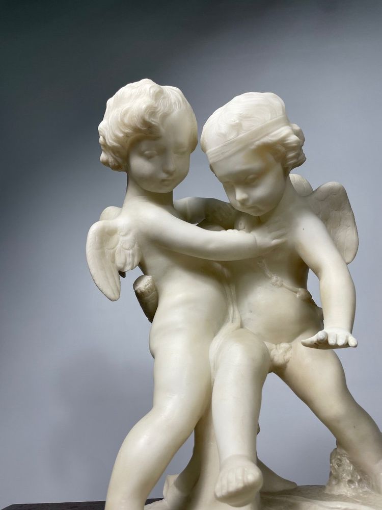 Sculpture En Albâtre De 2 Amours  XIX Siècle