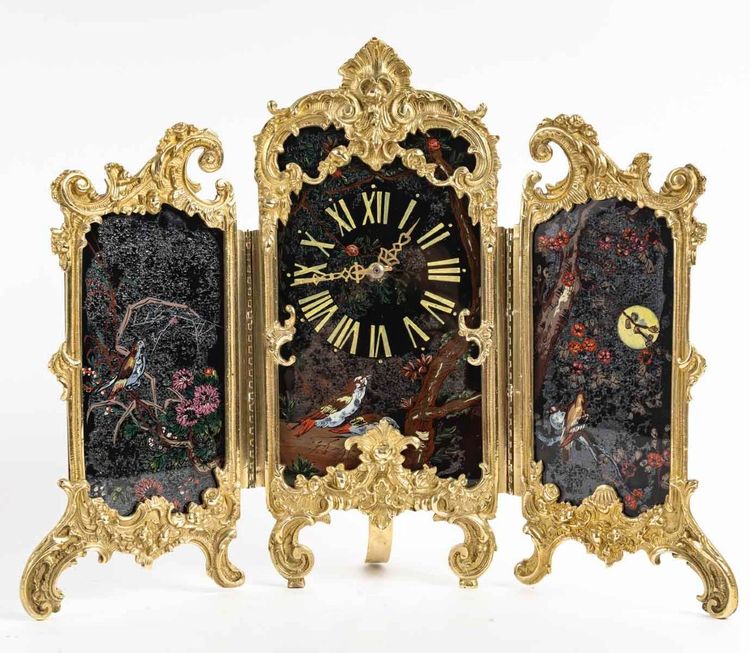 An Art Nouveau Gilt Bronze and Painted Glass Screen Clock