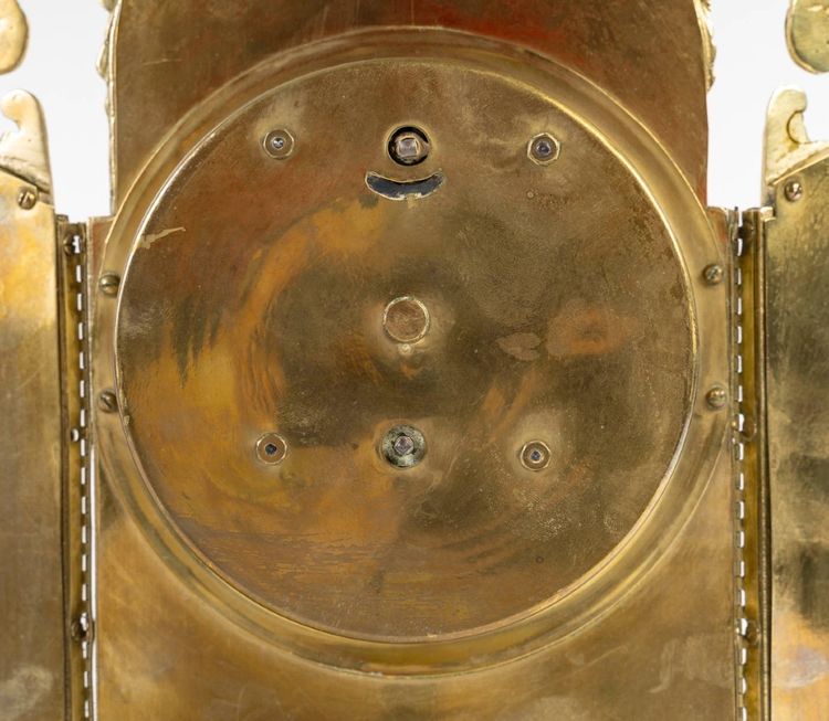 An Art Nouveau Gilt Bronze and Painted Glass Screen Clock