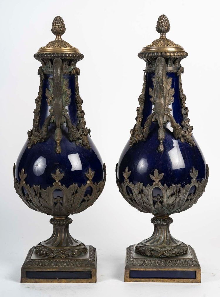 A Pair of Blue Porcelain and Gilt Bronze Vases, 19th Century