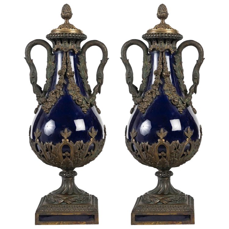 A Pair of Blue Porcelain and Gilt Bronze Vases, 19th Century