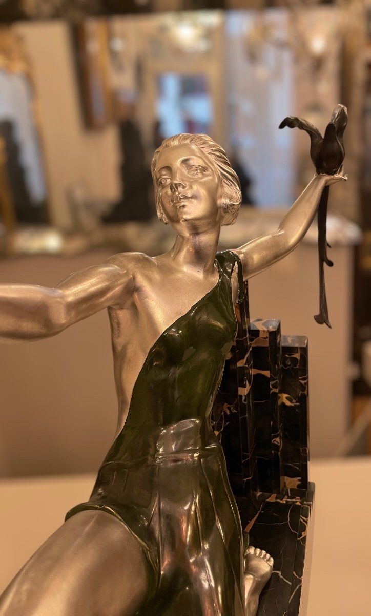 Scultura Uccelli del Paradiso, Bronzo Art Déco, Marmo Portor, Firmata G. Daverny