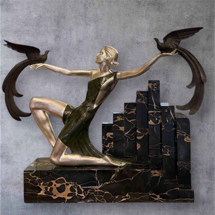 Scultura Uccelli del Paradiso, Bronzo Art Déco, Marmo Portor, Firmata G. Daverny