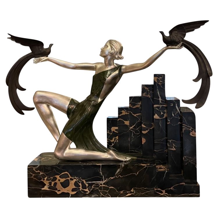 Scultura Uccelli del Paradiso, Bronzo Art Déco, Marmo Portor, Firmata G. Daverny