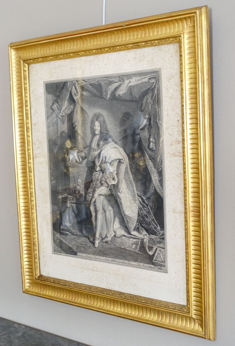 Großer royalistischer Stich: König Ludwig XIV. in Majestät, vergoldeter Holzrahmen - 82cm x 99,5cm