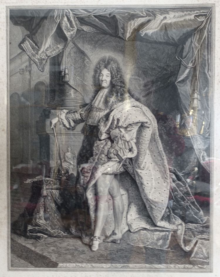 Großer royalistischer Stich: König Ludwig XIV. in Majestät, vergoldeter Holzrahmen - 82cm x 99,5cm