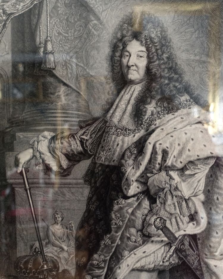 Großer royalistischer Stich: König Ludwig XIV. in Majestät, vergoldeter Holzrahmen - 82cm x 99,5cm