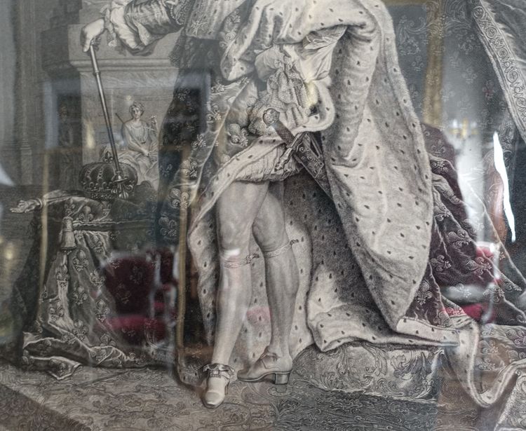 Großer royalistischer Stich: König Ludwig XIV. in Majestät, vergoldeter Holzrahmen - 82cm x 99,5cm