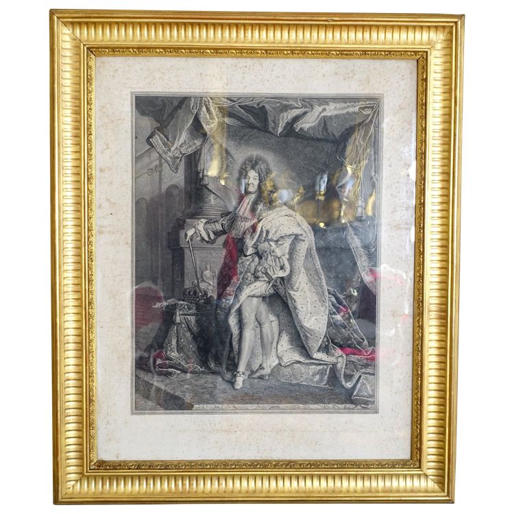 Großer royalistischer Stich: König Ludwig XIV. in Majestät, vergoldeter Holzrahmen - 82cm x 99,5cm