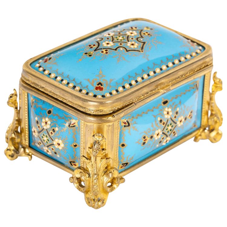 Scatola per gioielli in bronzo dorato e smalto, fine XIX secolo