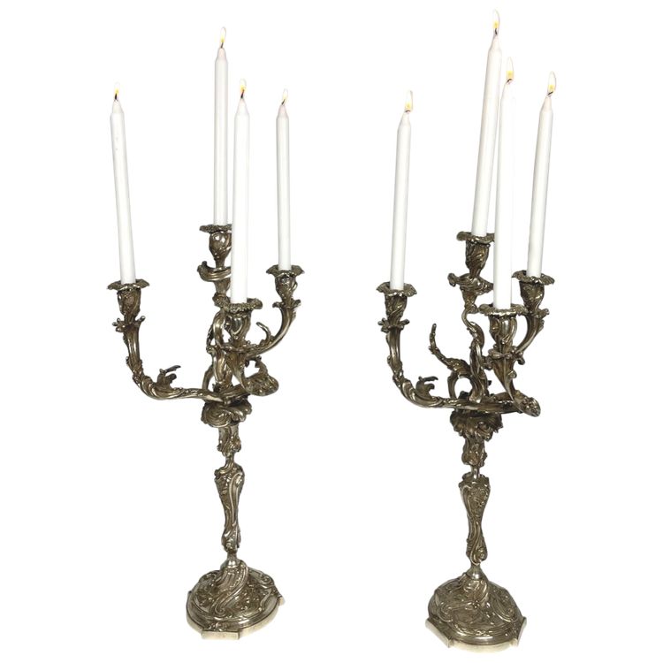 Coppia di candelabri in stile Luigi XV in bronzo argentato 