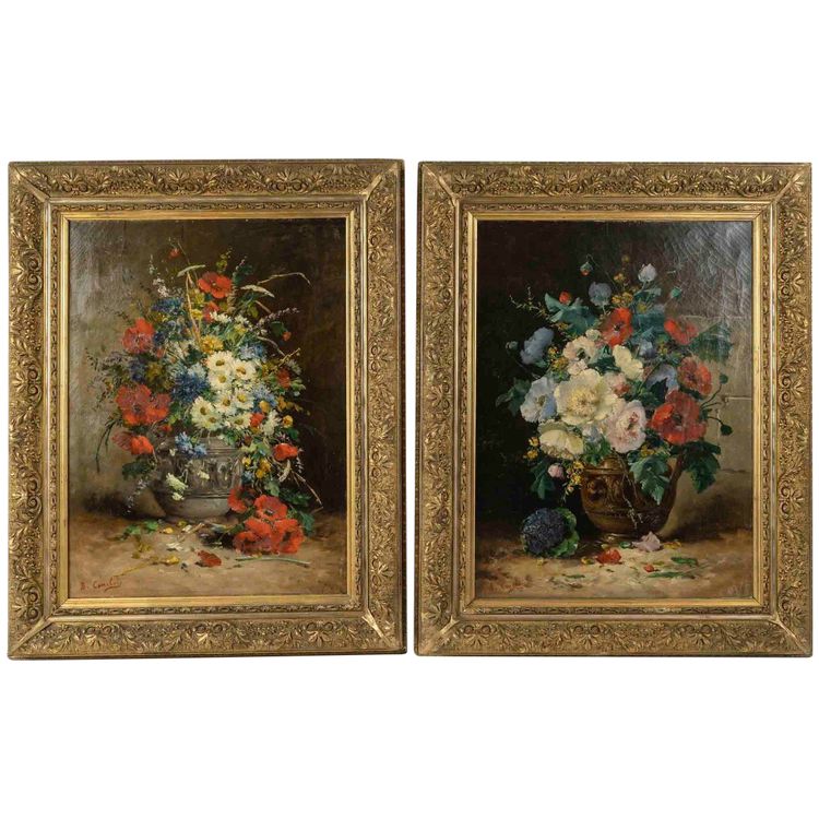 Coppia di dipinti floreali di Henri Cauchois