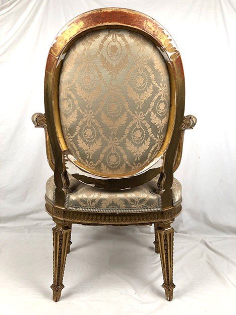Armchair in carved and gilded wood, Louis XVI style, circa 1900