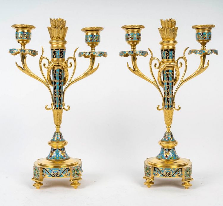 A Pair of Gilt Bronze and Cloisonné Enamel Candlesticks, Circa 1880