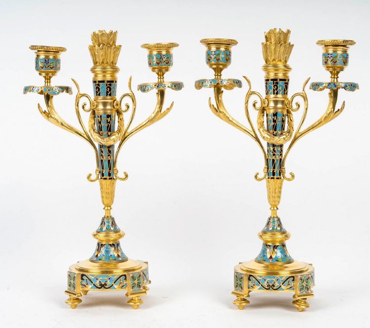 A Pair of Gilt Bronze and Cloisonné Enamel Candlesticks, Circa 1880