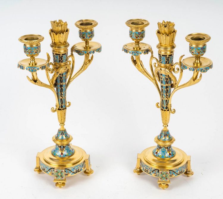 A Pair of Gilt Bronze and Cloisonné Enamel Candlesticks, Circa 1880