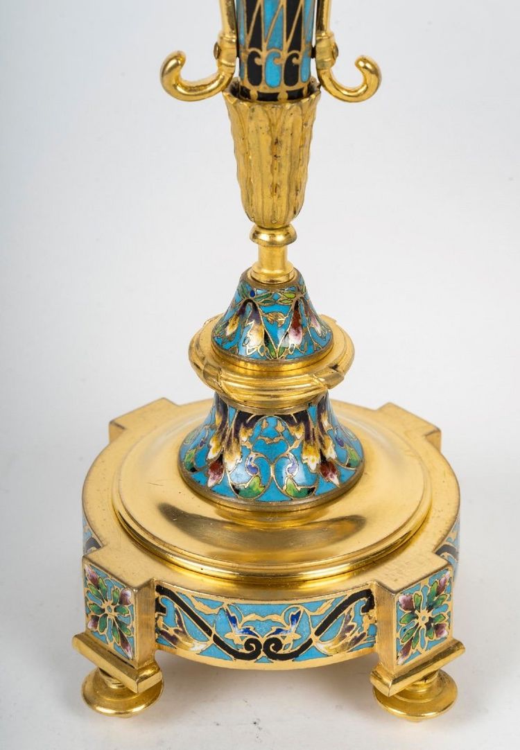 A Pair of Gilt Bronze and Cloisonné Enamel Candlesticks, Circa 1880