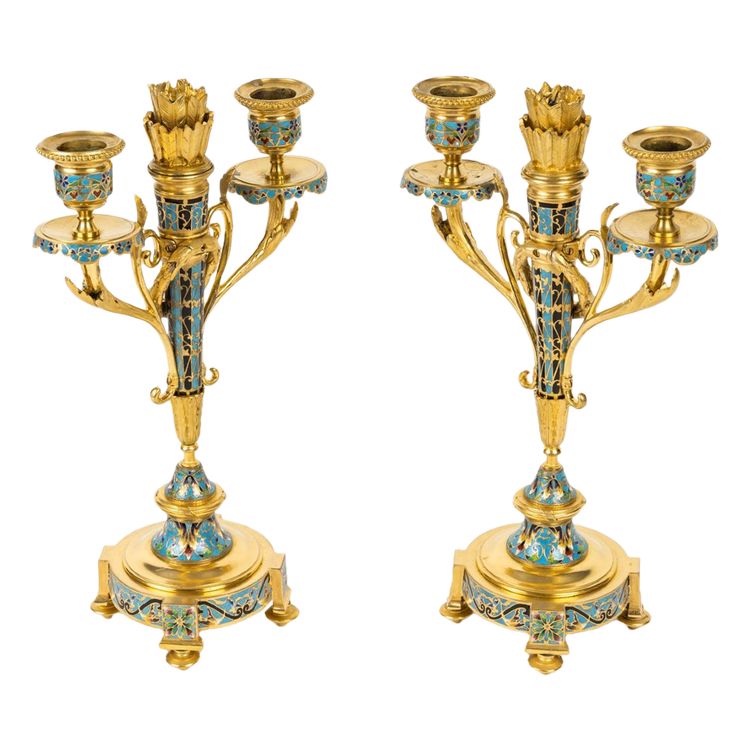 A Pair of Gilt Bronze and Cloisonné Enamel Candlesticks, Circa 1880