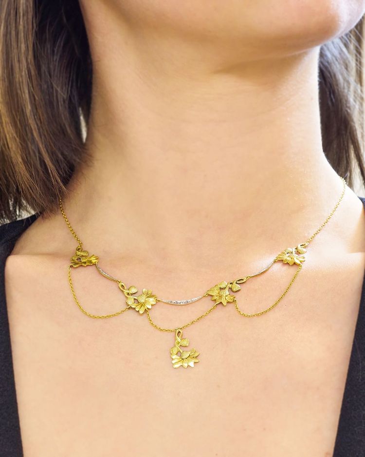 Collier Draperie Art Nouveau Fleurs En Or 18k Et Platine, Collier Marguerite, Bijou Ancien