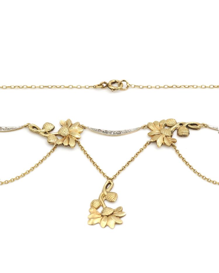 Collier Draperie Art Nouveau Fleurs En Or 18k Et Platine, Collier Marguerite, Bijou Ancien