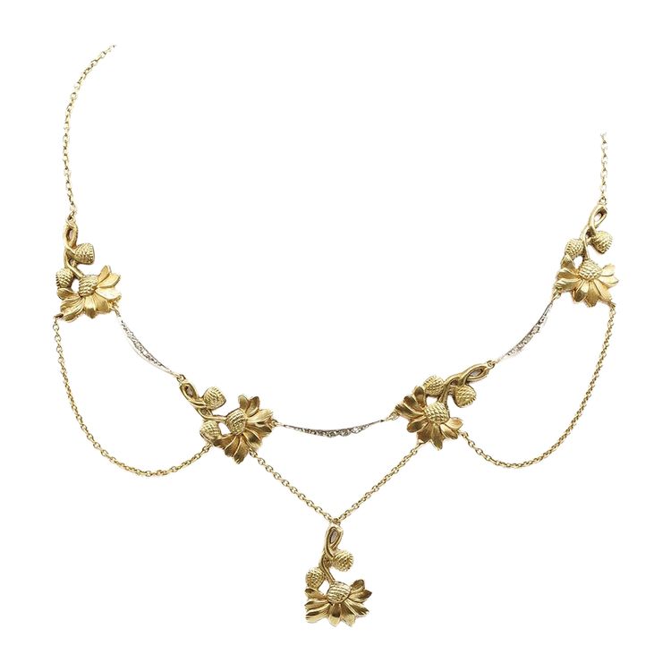 Collier Draperie Art Nouveau Fleurs En Or 18k Et Platine, Collier Marguerite, Bijou Ancien