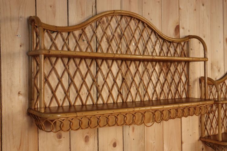 Grande coppia di mensole da parete in rattan attribuite a Audoux Minnet