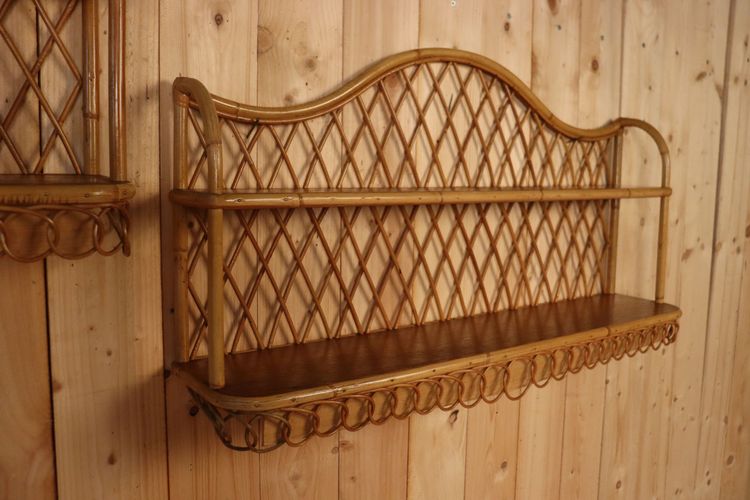 Grande coppia di mensole da parete in rattan attribuite a Audoux Minnet