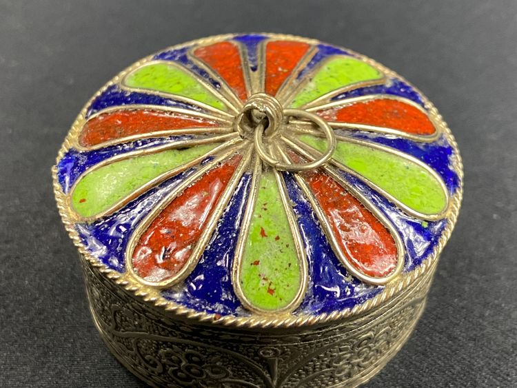 Berber box in silver-chased metal enhanced with polychrome enamel