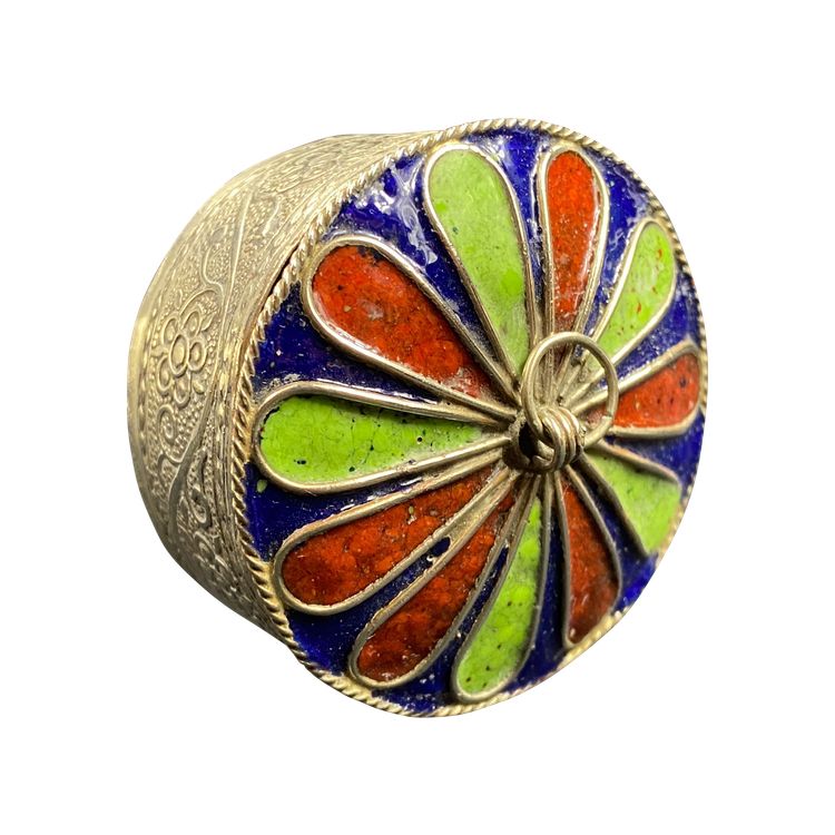 Berber box in silver-chased metal enhanced with polychrome enamel