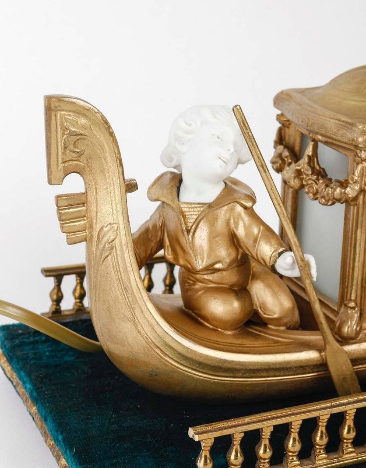 A Romantic Biscuit and Art Nouveau Gilt Metal Lamp