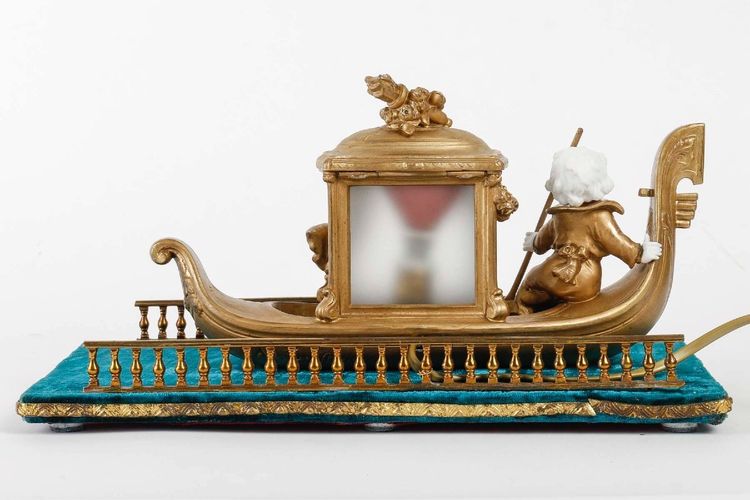 A Romantic Biscuit and Art Nouveau Gilt Metal Lamp