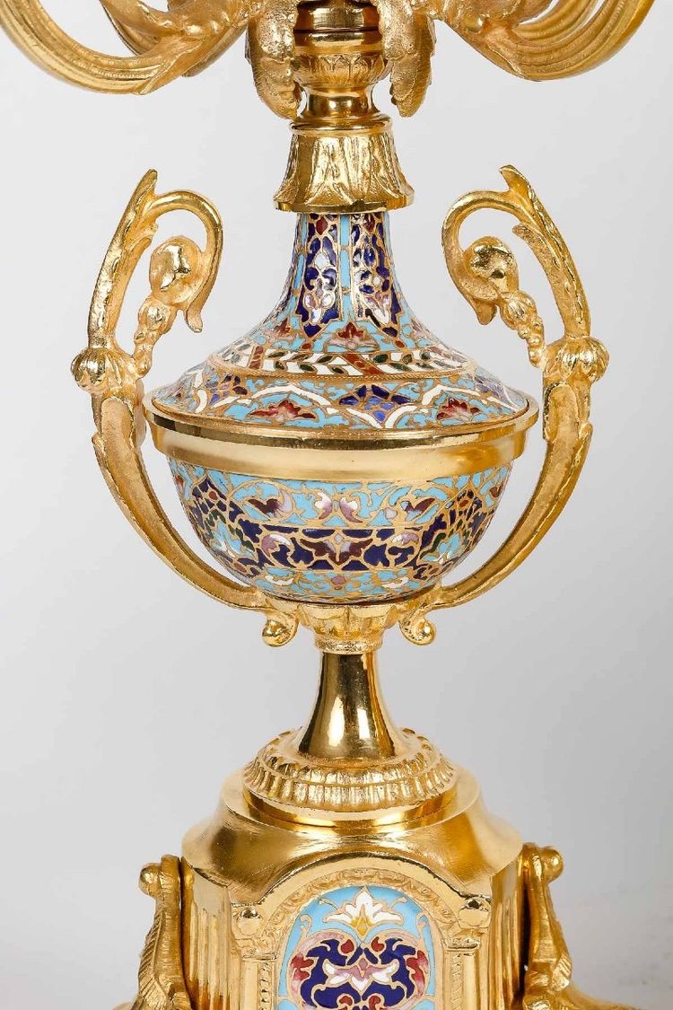 Gilt Bronze and Cloisonné Enamel Fireplace Set, Late 19th Century