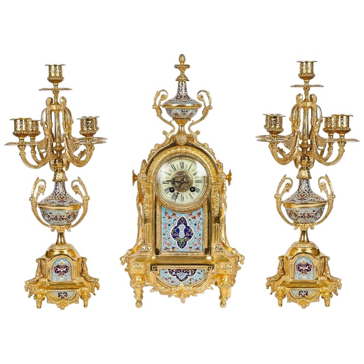 Gilt Bronze and Cloisonné Enamel Fireplace Set, Late 19th Century