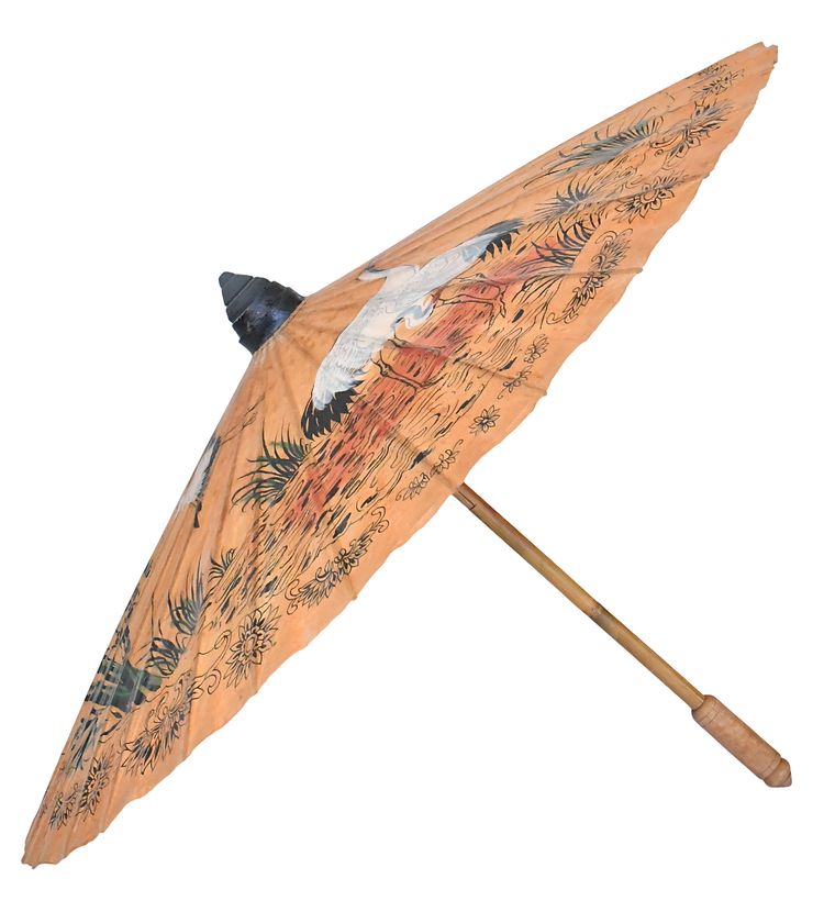 Ombrelle japonaise dit Wagasa vintage en bambou et papier de riz à décor peint de grue