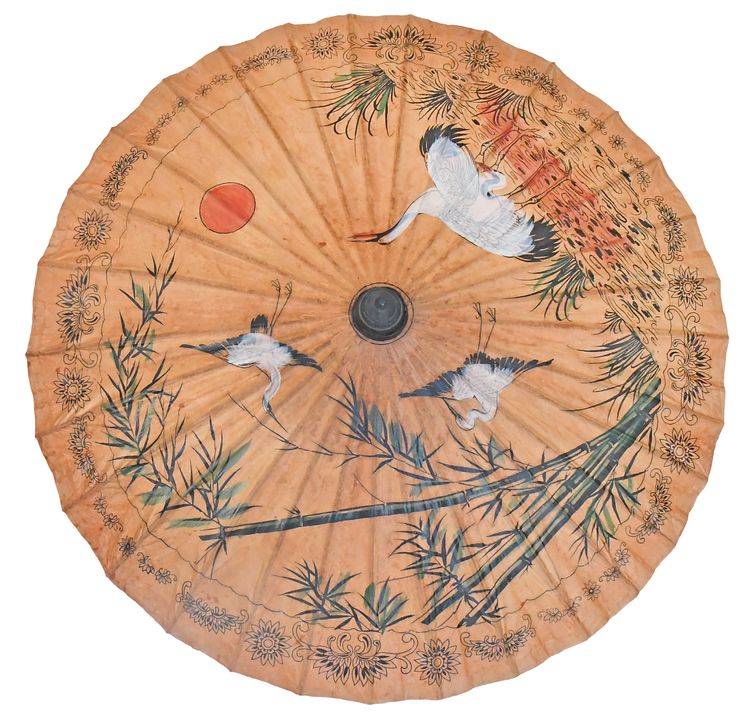 Ombrelle japonaise dit Wagasa vintage en bambou et papier de riz à décor peint de grue